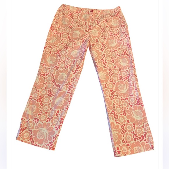 Lilly Pulitzer Women's Pants Pink White Floral Stretch Button Zip Closure Sz 12 - Picture 1 of 9